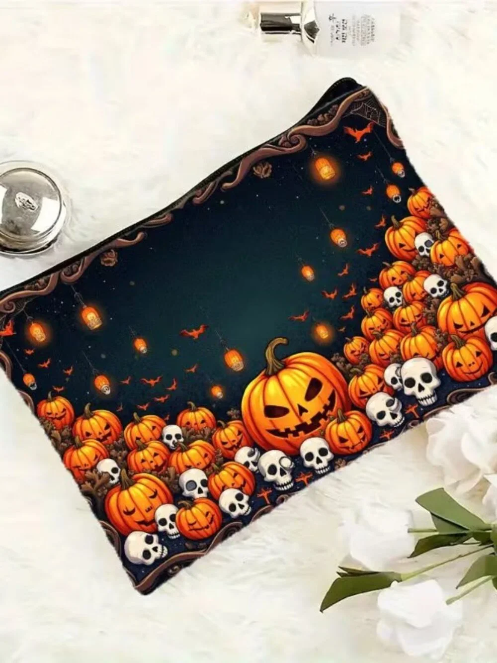 Halloween Goth Pumpkin, Bats & Skulls Makeup Bag Double-Sided 6.3